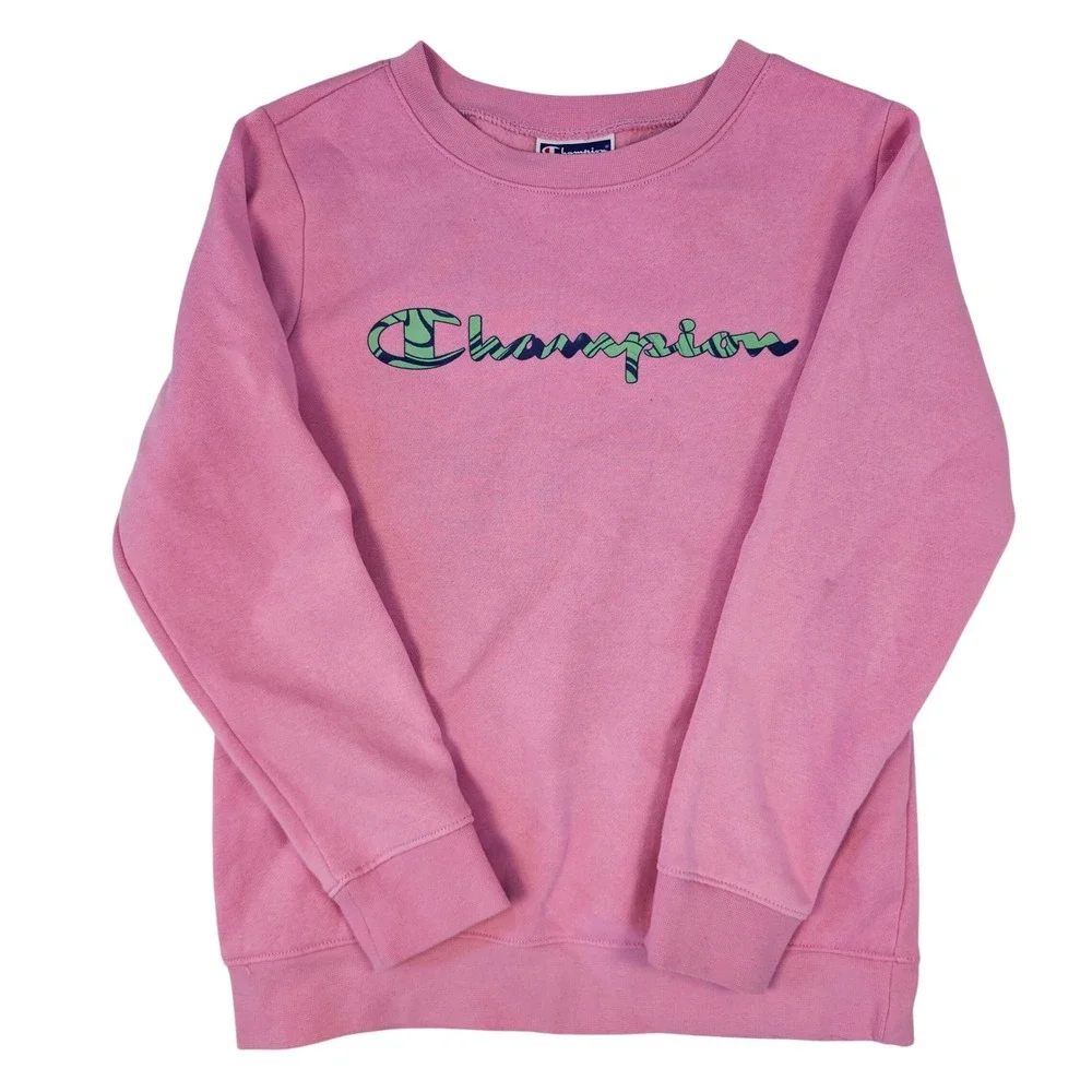 Champion Girls Pink Sweatshirt Script Logo Fleece Pullover Size M 10/12‎